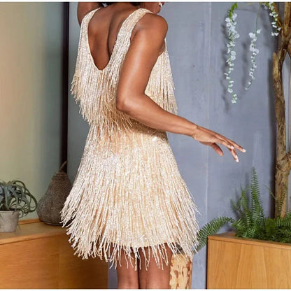 2024 ผู้หญิงเซ็กซี่ Fringed เลื่อม Feather เย็บชุดฤดูร้อน Slim V คอปิดชุดไหล่หญิง Backless SLIP MINI Robe