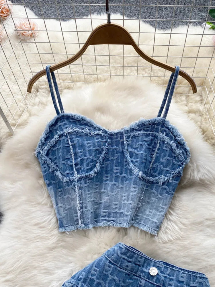 Ensemble en Denim Sexy pour femmes, haut court sans bretelles, fermeture éclair, Mini Short à boutons courts, jupe en jean, costumes deux pièces, été