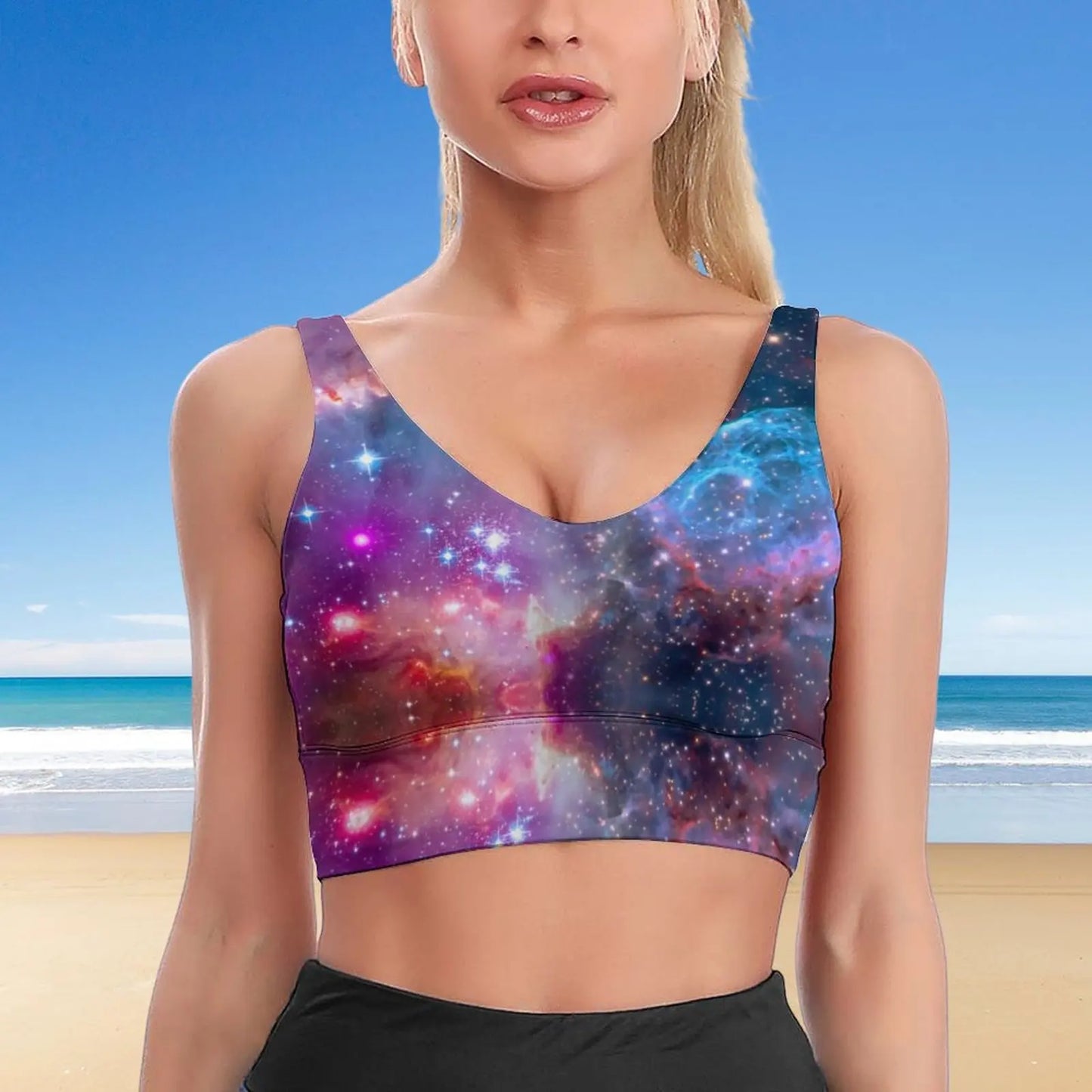 Super Galaxy Sky U Neck Sport Bra Colorful Space Print Support Beach V Back Crop Bras Pilates Breathable Top for Lady