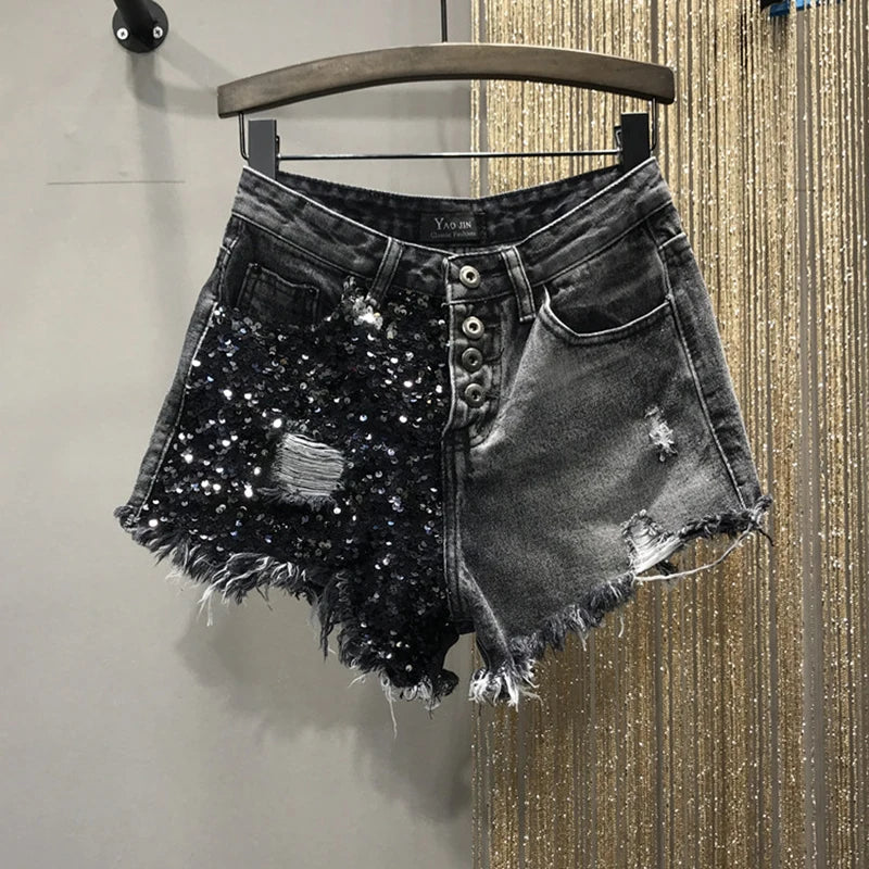 Summer Sequin Denim Shorts Women's High Waist Large Size Hole  Fashion Patchwork Shorts Girls High Street A-line Hot Pants