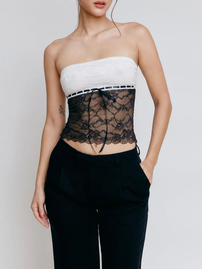 Women Sexy Sheer Mesh Tube Top Y2k Floral Lace Crop Bandeau Top Blouse Going Out Top Vest Streetwear