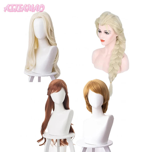 Elsa Anna Kristoff Wigs Snow Queen Princess Cosplay Wig Heat Resistant Synthetic Hair Cosplay Wigs + Wig Cap