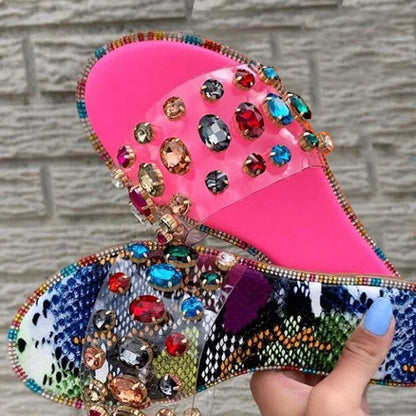 Summer Slides Women Flip Flops Fashion Slippers Gemstone Rhinestones Wild Diamond Flat with Transparent PVC Ladies Shoes