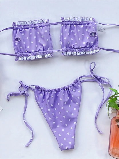 Elegant Purple Swimwear Women Off Shoulder Pleate Bikini Hollow Out Lace Up Push Up Bathing Suit Thong Swimsuit Bañadores 2022