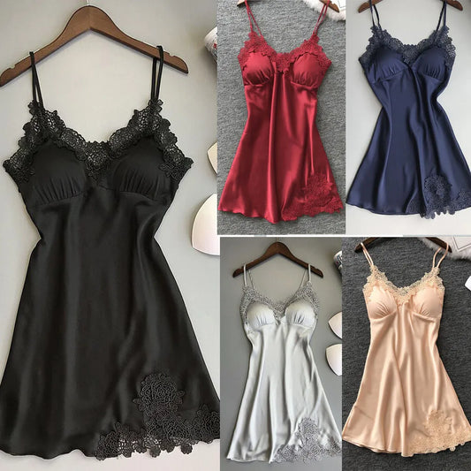 Ladies Sexy Silk Satin Night Dress Sleeveless Nighties V-neck Nightgown Nightdress Ladies Lace Sleepwear Nightwear For Women