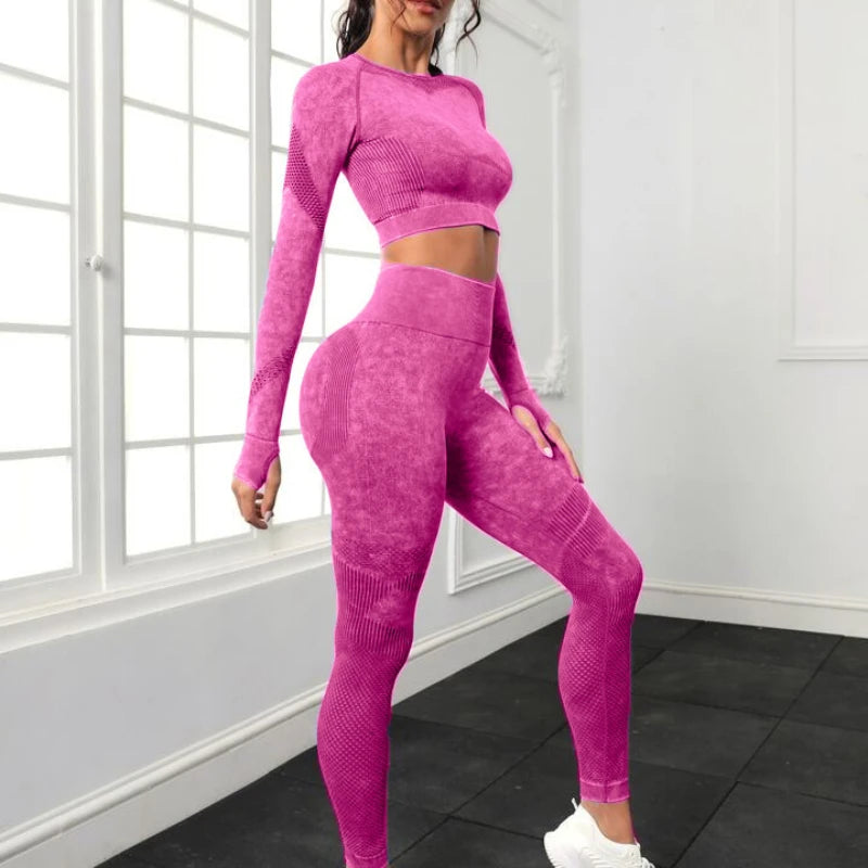 2 Piece Acid Wash Gym Set Women Seamless Long Sleeve Leggings Tracksuit Sports Fitness Suit Scrunch Workout Clothes Yoga Outfits