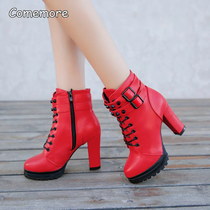 Comemore Women Platform Ankle Boots High Heels 2022 2023 Luxury Fashion Red Shoes Woman Platform Buckle Boot Ladies Shoe Winter