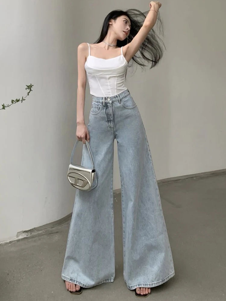 Jmprs lâche femmes jean taille haute coréen casual dames jambe large Denim pantalon mode Simple femme Baggy pantalon