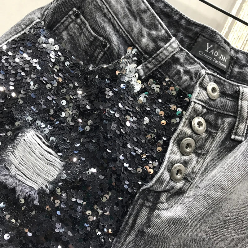 Summer Sequin Denim Shorts Women's High Waist Large Size Hole  Fashion Patchwork Shorts Girls High Street A-line Hot Pants