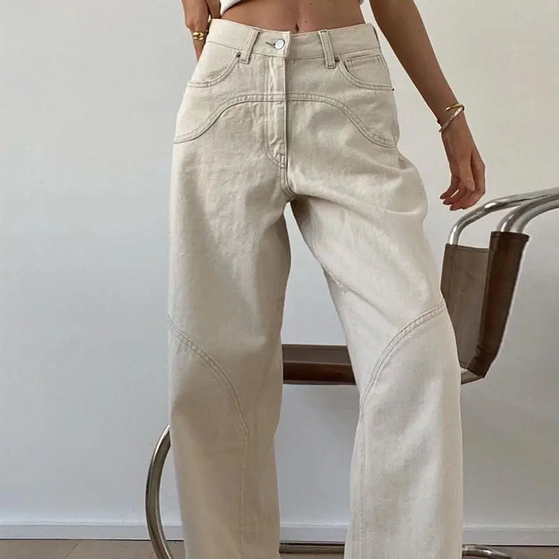 Women Casual Denim Trousers Fashion Beige Jeans Vintage High Waist Wide Leg Pants Classic Streetwear Autumn Ladies