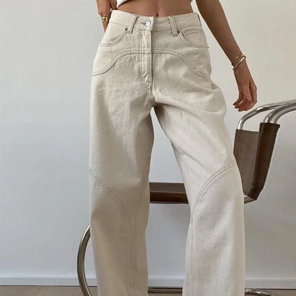 Women Casual Denim Trousers Fashion Beige Jeans Vintage High Waist Wide Leg Pants Classic Streetwear Autumn Ladies