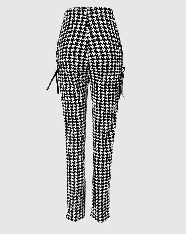 Houndstooth Print High Waist Eyelet Lace-up Skinny Pants