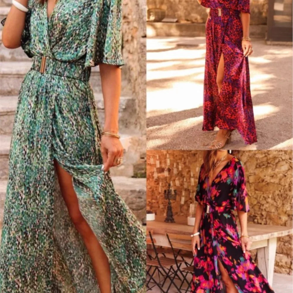 Robe longue de soirée pour femmes, Sexy, imprimé, Slim, fente, manches courtes, col en V, Style Boho, tenue de plage, été, 2023