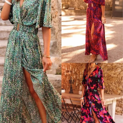 Robe longue de soirée pour femmes, Sexy, imprimé, Slim, fente, manches courtes, col en V, Style Boho, tenue de plage, été, 2023