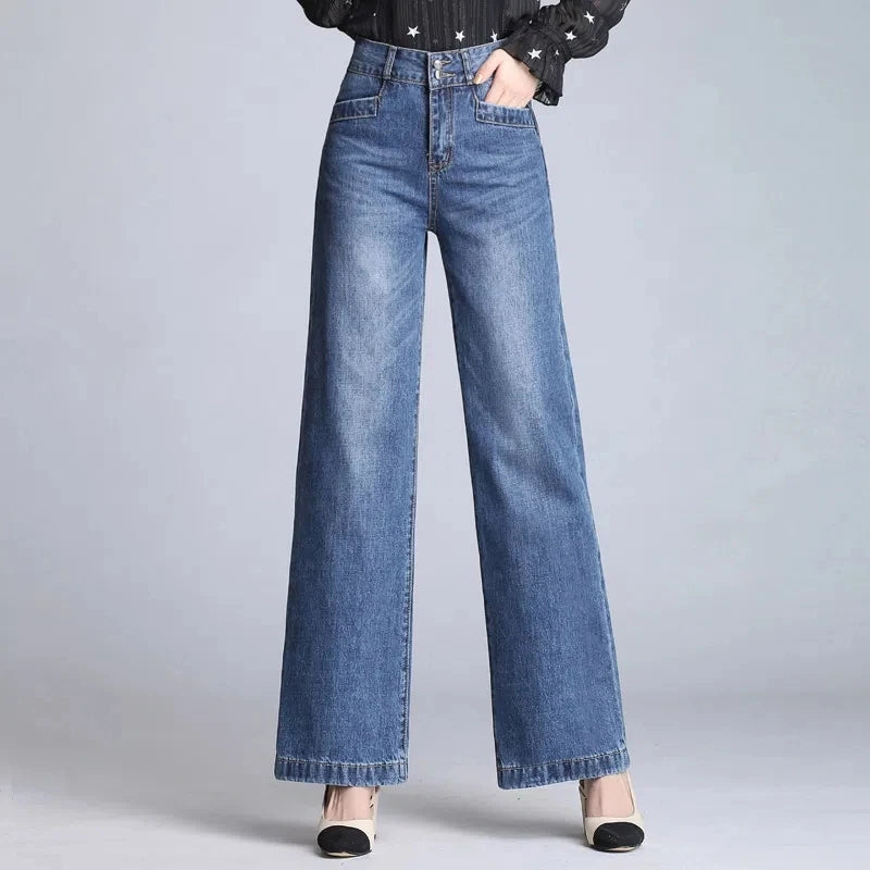 Oversize 34 กางเกงยีนส์ผู้หญิงกางเกงขากว้างเอวสูงล้าง High Street Vaqueros ข้อเท้าความยาว Office Lady Denim กางเกง