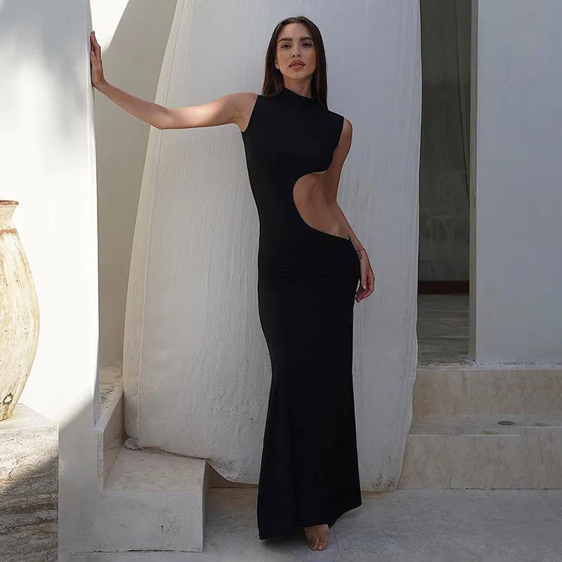 Black Hollow Out Long Dress Women Sleevele Bodycon Sexy Maxi Evening Party Dresses Slim Cut Out 2023 Elegant Fashion Clubwear