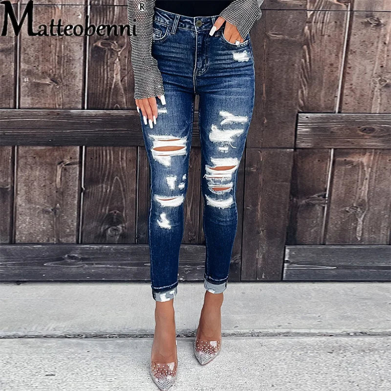 Women's Slim Fit Broken Holes Jeans Skinny Streetwear Vintage High Waist Tight Pencil Pants Ladies Casual Autumn Basic Trousers