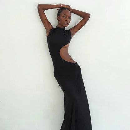 Black Hollow Out Long Dress Women Sleevele Bodycon Sexy Maxi Evening Party Dresses Slim Cut Out 2023 Elegant Fashion Clubwear