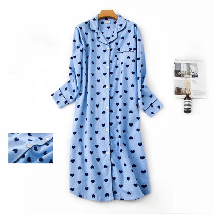 สุภาพสตรีผ้าฝ้าย 100% Nightgown PLUS ขนาด Nightdress แขนยาว Flannel ลายสก๊อตพิมพ์ผู้หญิงชุดนอน Nightshirt ปุ่ม Nightie