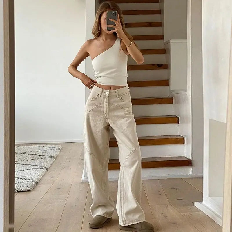 Women Casual Denim Trousers Fashion Beige Jeans Vintage High Waist Wide Leg Pants Classic Streetwear Autumn Ladies