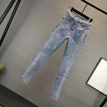 Spring Autumn Streetwear Women Vintage Blue Slim Diamonds High Waisted Jeans Ankle-length Denim Pants Trousers  5XL