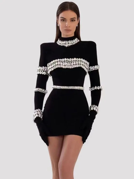 Fashion Elegant High Quality Sexy Turtleneck Beading Long Sleeve Black Mini Bandage Dress Birthday Evening Cocktail Party Club