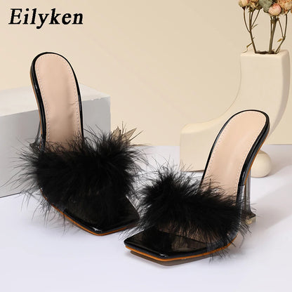 Eilyken 2024 ใหม่ PVC รองเท้ารองเท้าแตะผู้หญิง Feather โปร่งใสรองเท้าส้นสูงขนสัตว์ปั๊มสแควร์ Toe Mules Lady สไลด์