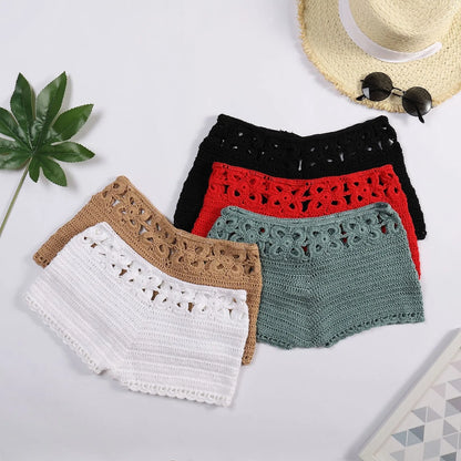 Women Sexy Knit Shorts Summer Hollow Out Beach Swimming Surf Board Casual Hot Mini Solid Home Crochet Cotton Net Loose Shorts