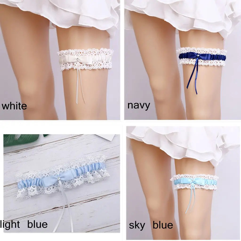 Women Girl  Sexy Bow Princess Cosplay Wedding Party Bridal Lace Floral Blue Leg Ring Loop Stocking Garter Belt Wedding