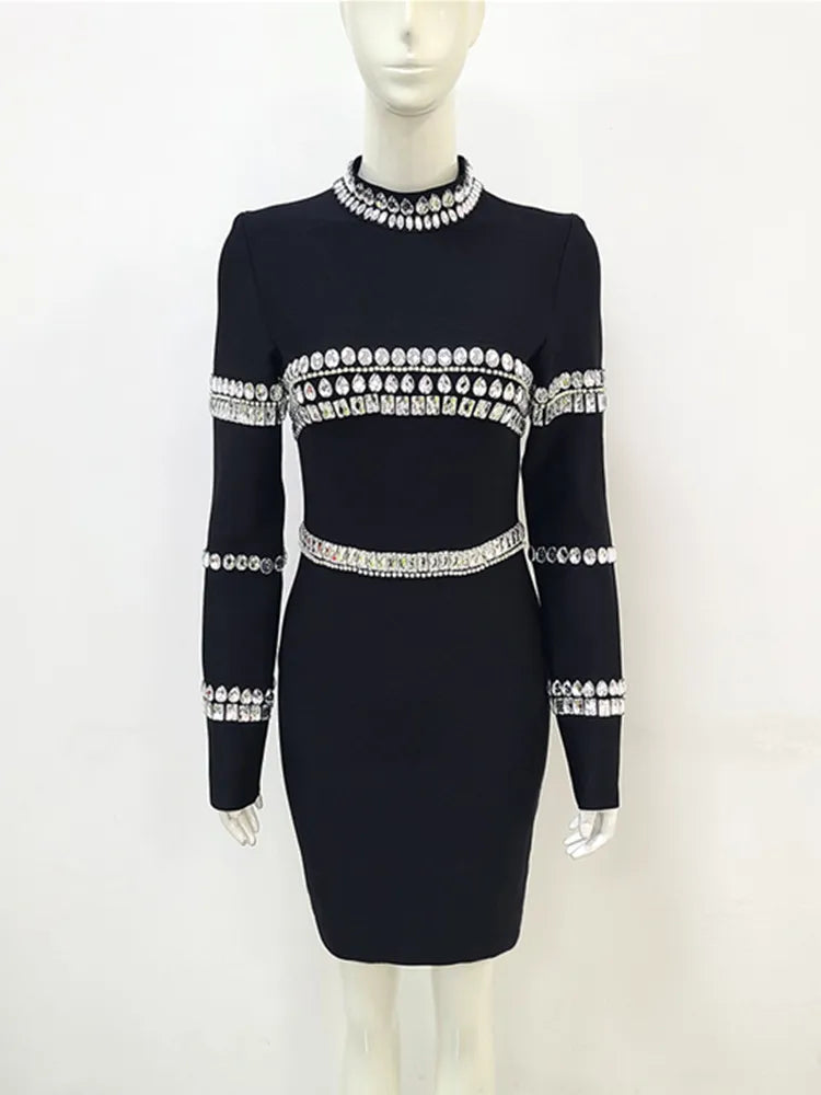 Fashion Elegant High Quality Sexy Turtleneck Beading Long Sleeve Black Mini Bandage Dress Birthday Evening Cocktail Party Club