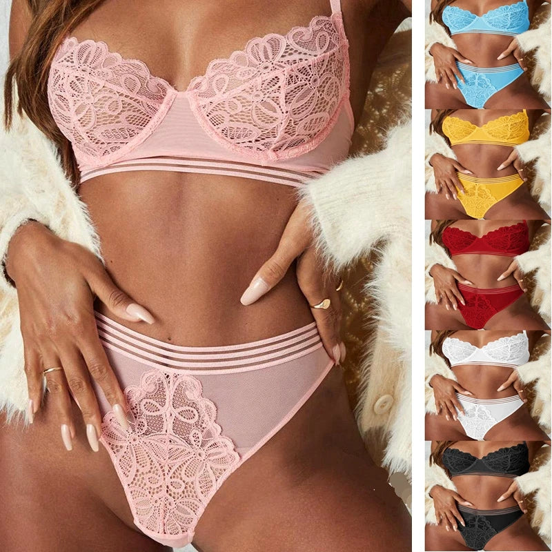 Ensemble soutien-gorge et culotte rose, sous-vêtements en dentelle pour femmes, Lingerie Sexy, Push-Up, vêtements de nuit, taille haute, Lingere exotique