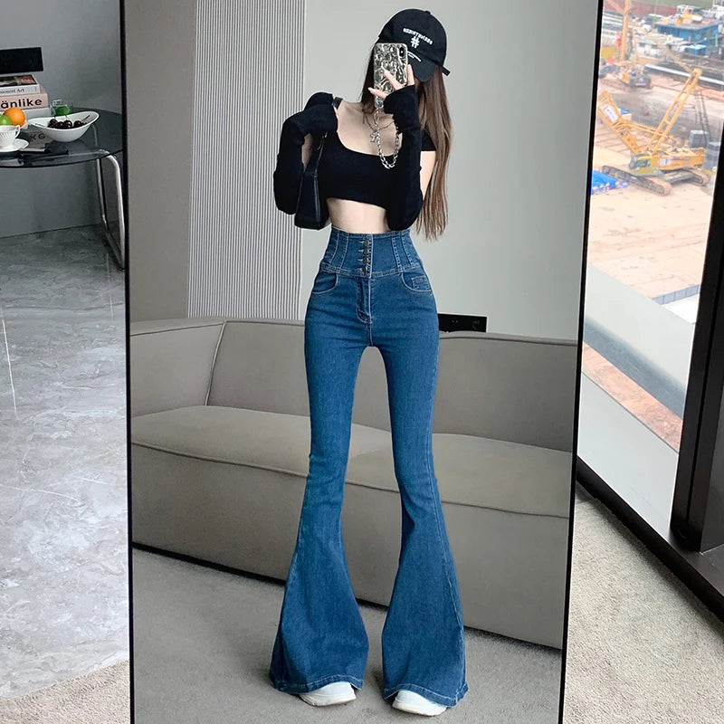 Single Breasted High Waist Flare Jeans For Women Spring Autumn High Street Slim Boot Cut Denim Pants Ladies Fishtail Jeans