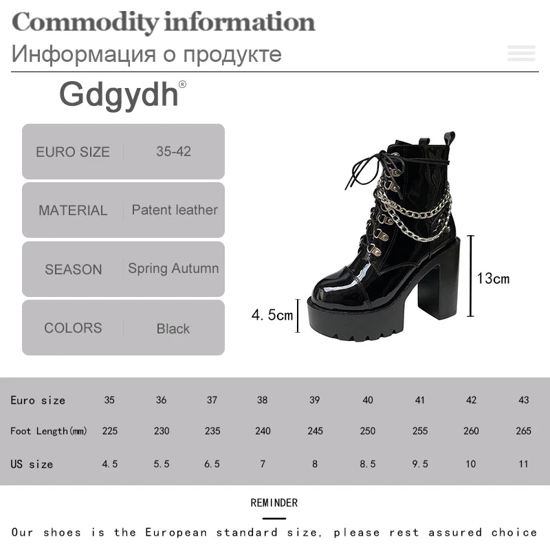 Gdgydh 2022 Autumn Winter Gothic Women Ankle Boots Fashion Metal Chain Patent Leather Female Short Boots Punk Style Ladies Shoes