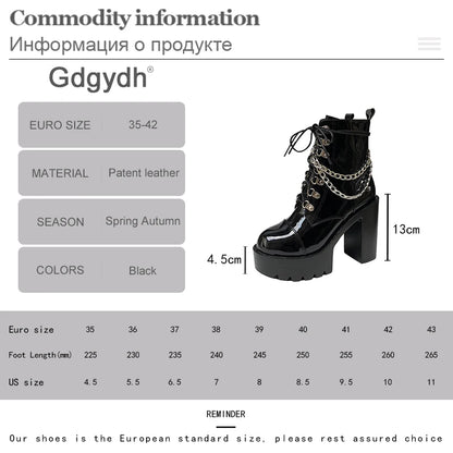 Gdgydh 2022 Autumn Winter Gothic Women Ankle Boots Fashion Metal Chain Patent Leather Female Short Boots Punk Style Ladies Shoes