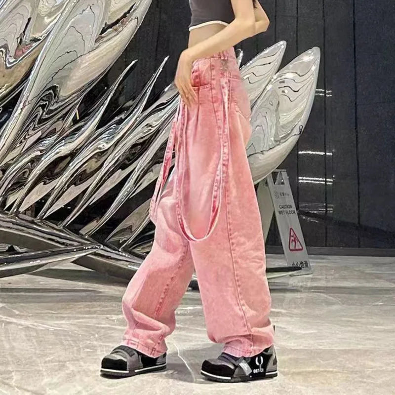 Pink Baggy Cargo Pants Y2K Women High Waist Wide Leg Jeans Hip Hop Vintage Straight Denim Trousers Harajuku Oversized Overalls