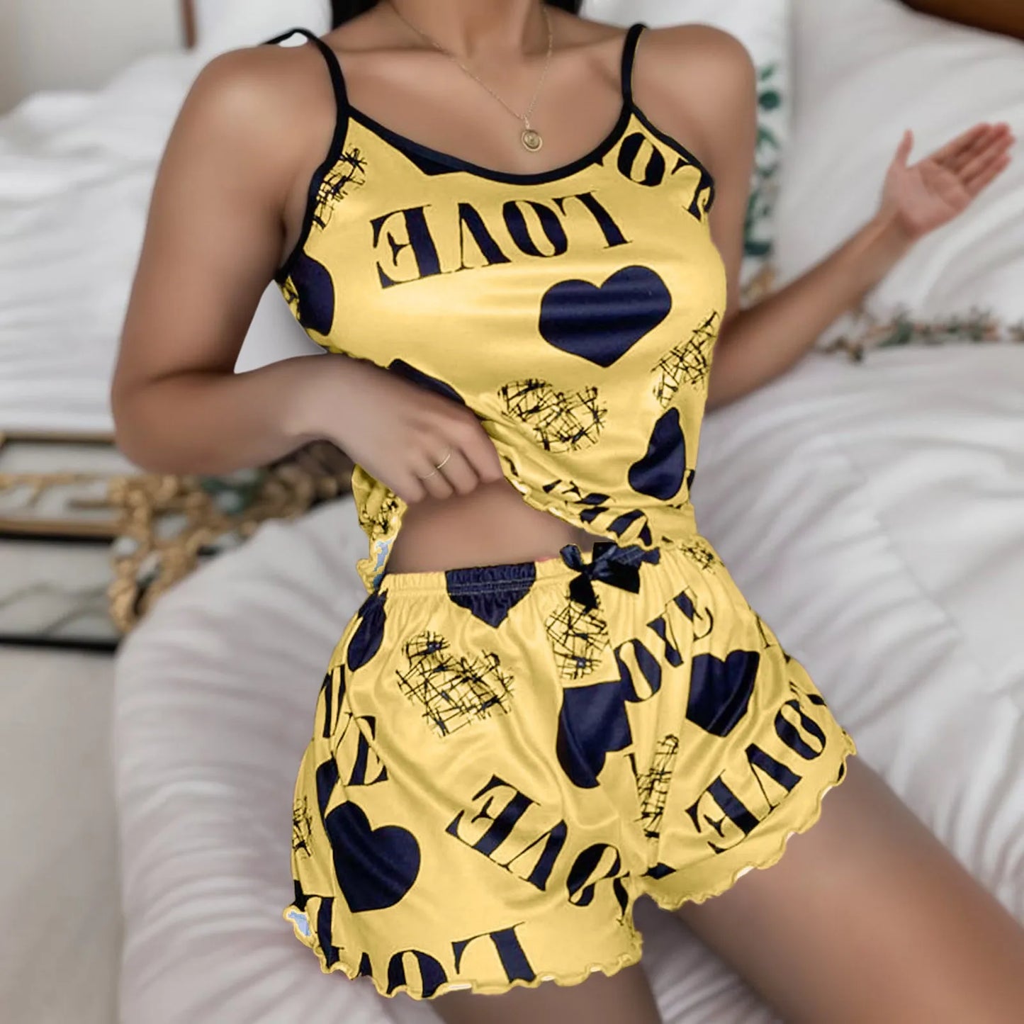 Spaghetti Strap Letter Print Trim Pajama Set Sleeveless Pyjamas Sleep Shorts Set Lace Pijama Suit Sleepwear Women Sexy Nighties