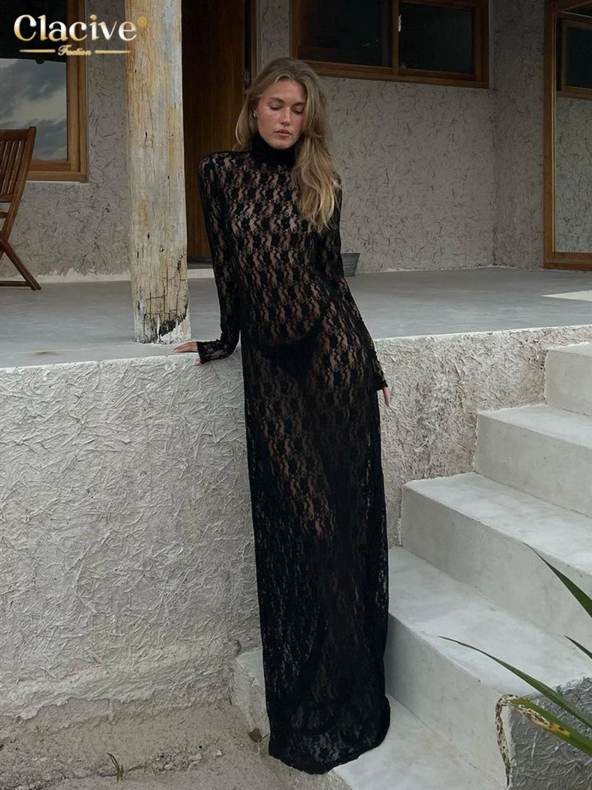 Clacive Sexy See Through Black Womens Dress Bodycon Turtleneck Long Sleeve Maxi Dress Female Fashion Slim Party Club Dresses