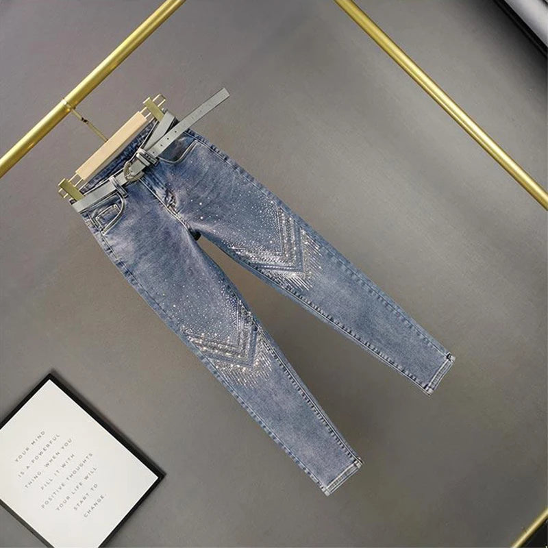 Ladies Heavy Industry Rhinestone Skinny Jeans 2022 Spring Summer Elastic High Waist Thin Women Clothes Korean Fashion Nine Pants