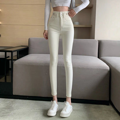 เกาหลีแฟชั่น Apricot Skinny กางเกงผู้หญิงสูงเอวยืดกางเกงยีนส์กางเกงเซ็กซี่ดินสอ Capris Streetwear ยกสะโพก DENIM Legging