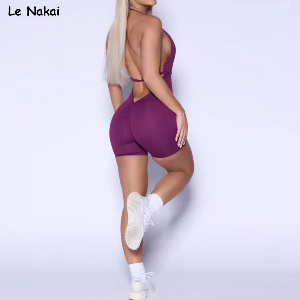 New Halter Scrunch Butt Jumpsuit for Women Backless Padded Yoga Set Open Back One Piece Workout Clothing Sleeveless Sports Set