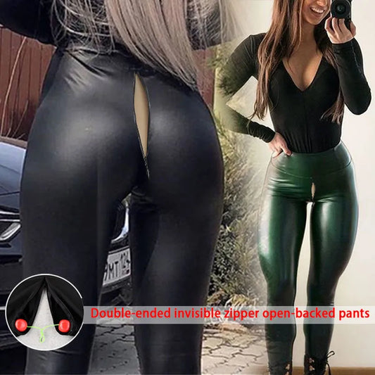 Culotte érotique en cuir à entrejambe ouvert pour femme, Leggings sans entrejambe en PU avec fermeture éclair cachée, pantalon sexuel en plein air pour Couple, vêtements de danse en Club