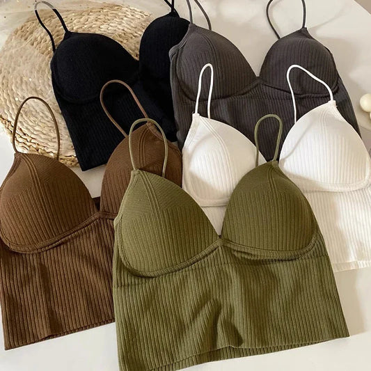 สุภาพสตรี Camisole SLIM FIT เซ็กซี่ยืด Push Up Bra กับแผ่นหน้าอกถัก Crop TOP สั้นด้านบน V คอเสื้อ bralette ขายร้อน