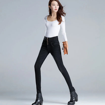 ฤดูหนาวกำมะหยี่หนาผู้หญิงกางเกงยีนส์เอวสูงกางเกงยีนส์ Skinny Simple ขนแกะ SLIM FIT ยืดสุภาพสตรี Casual DENIM กางเกงดินสอ