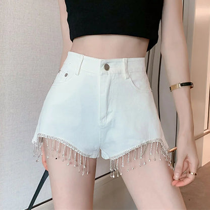 Short Pants for Woman To Wear Sequin Skinny Fringe Tight Mini Sexy Cotton Booty Women's Shorts Black with Rhinestones Design XL