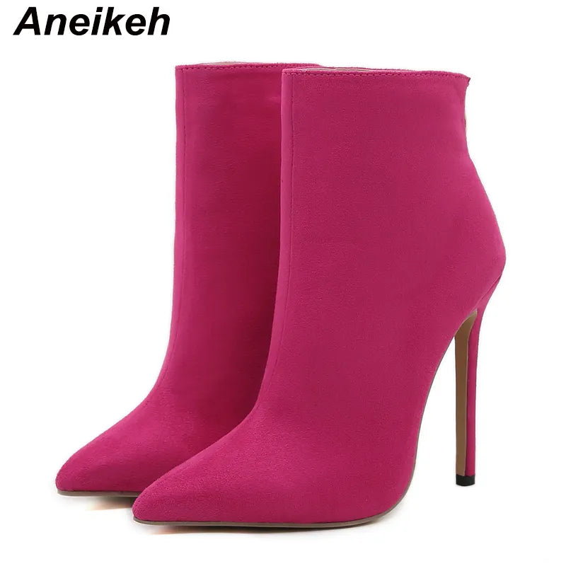 Aneikeh 2024 ใหม่ผู้หญิงข้อเท้ารองเท้าเซ็กซี่ Pointed Toe ส้นสูงบางซิปสุภาพสตรีชุดงานแต่งงานรองเท้า Rose สีแดงขนาด 35-42