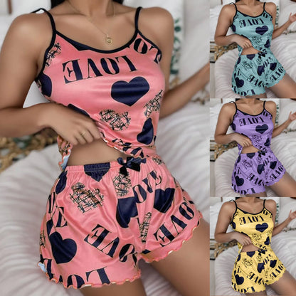 Spaghetti Strap Letter Print Trim Pajama Set Sleeveless Pyjamas Sleep Shorts Set Lace Pijama Suit Sleepwear Women Sexy Nighties