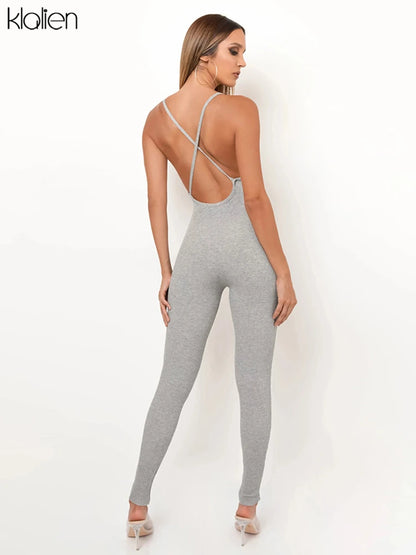 KLALIEN Summer Casual Sport Fitness Streetwear Female Jumpsuit Sexy V Neck Backless Skinny Elastic Jumpsuit Women Yoga Outfit