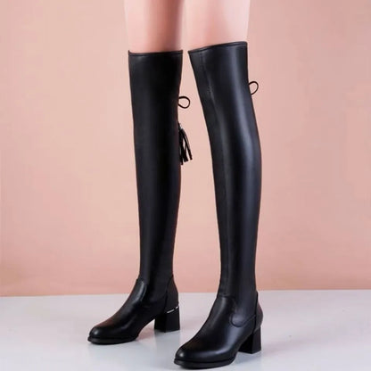 2023 Women Leather Elastic Boots Ladies Plush Long Boot Autumn Winter Thick Heels Over The Knee Boots Slip on Knight Botas