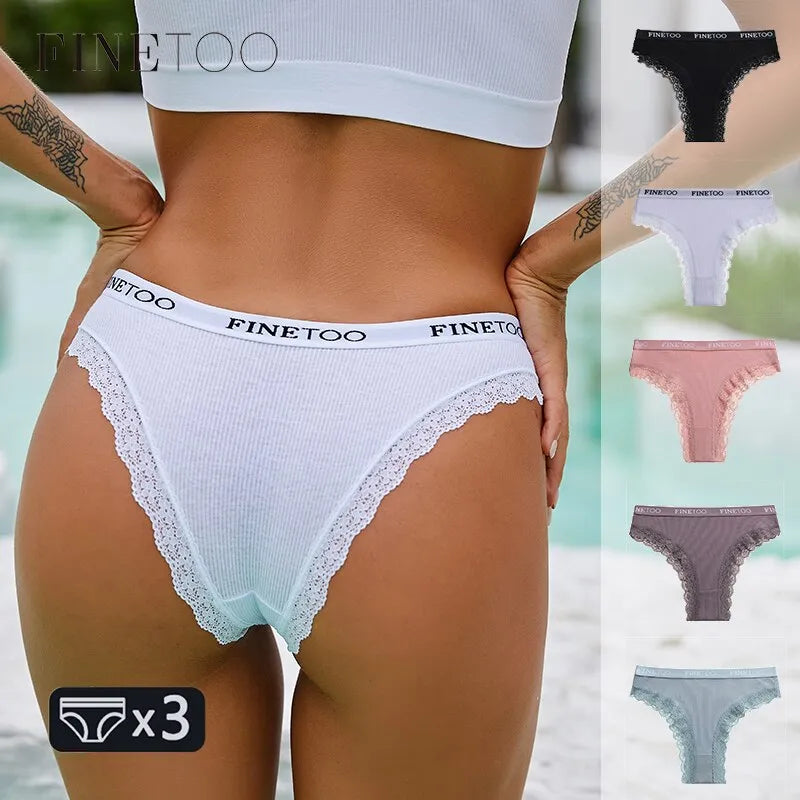 FINETOO 3Pcs Women Cotton Underwear Sexy Lace Edge Ladies Panties Low Waist Solid Color Female Underpants Briefs Intimates