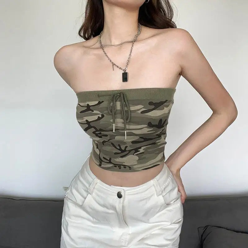 Y2Kเซ็กซี่เลดี้Camo Tube Topsสำหรับผู้หญิงCamouflage Lace Up BandeauทหารCrop Topsปิดไหล่Bandeau Tops femme